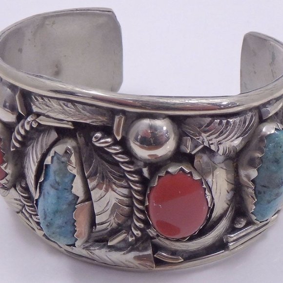 Sterling Silver Navajo Southwestern Turquoise and Coral Cuff Bracelet - Picture 2 of 6